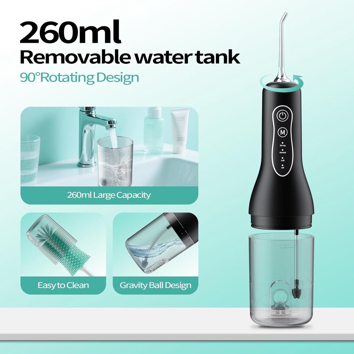 Waterflosser, Draadloze Monddouche met 5 Opzetstukken en 4 Reinigingsstanden, 260 ml Waterreservoir, IPX7 Waterbestendig, Draagbare Mondirrigator voor Dagelijkse Mondverzorging, Thuis en Reizen-Zwart thumbnail 5