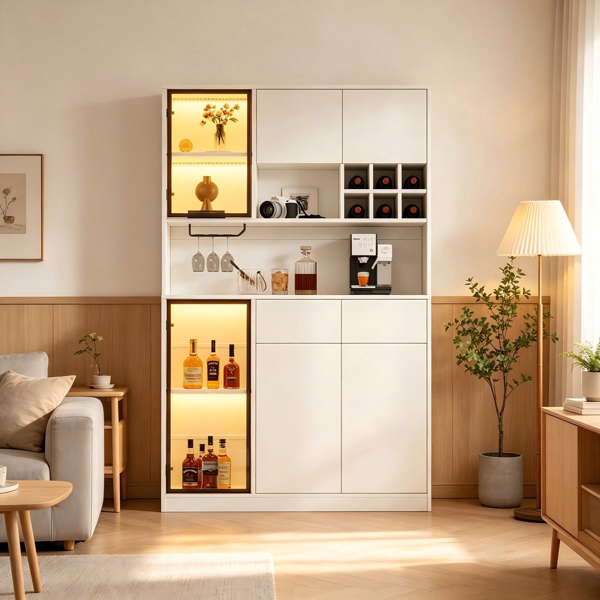 REDOM - Vitrinekast - Met 6 deuren en 2 lades - Met open vakken en LED-verlichting - Voor woonkamer en eetkamer - Spaanplaat en gehard glas - Wit - 120 x 33 x 200 cm