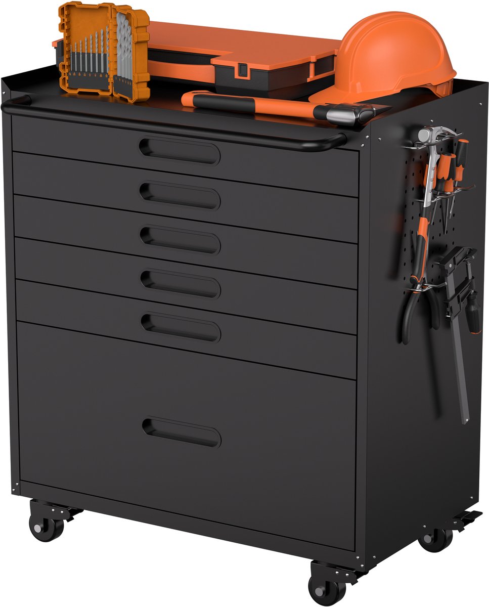REDOM - Werkplaatsrolkast met 6 lades - Verschillende lade-dieptes en volledige lade-opbouw - 4 zwenkwielen, 2 vergrendelbaar - Metalen constructie - Werkplaats en garage - Metaal - Zwart - 87,3 x 75 x 42 cm