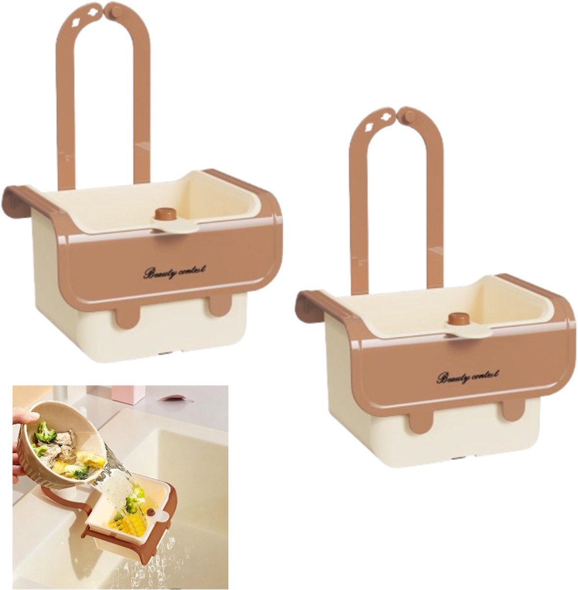 Set van 2 - Spoelbakzeef - Afvoermandje - Fruitzeef - Tandenborstelhouder - Vierkant - Ophangbaar - Met automatische kantelfunctie - Geschikt keuken ，badkamer - Khaki