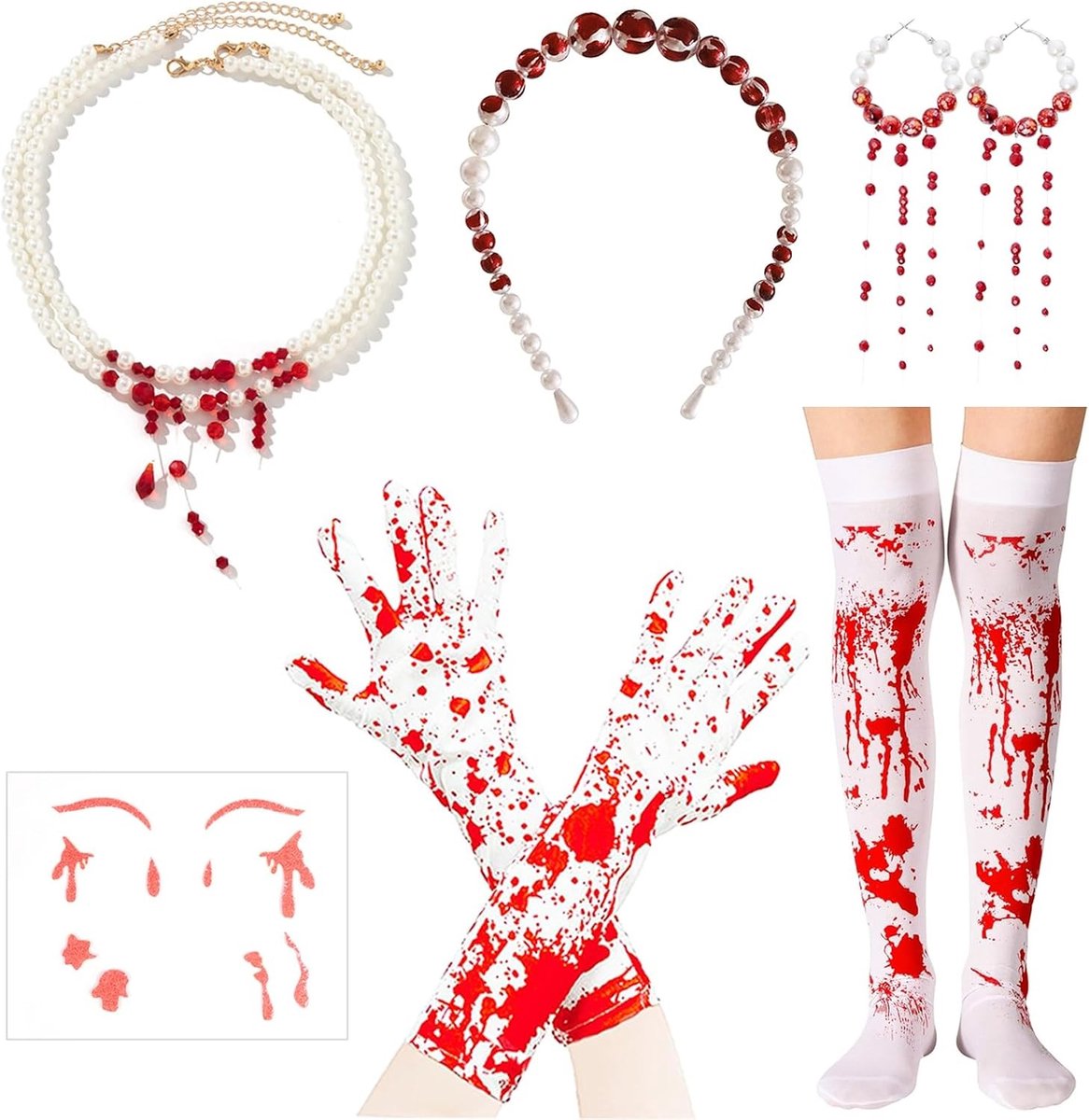 Vampier Sieraden Set voor Halloween, Bloed Ketting, Haarband en Handschoenen, Gothic Oorbellen en Accessoires voor Vrouwen