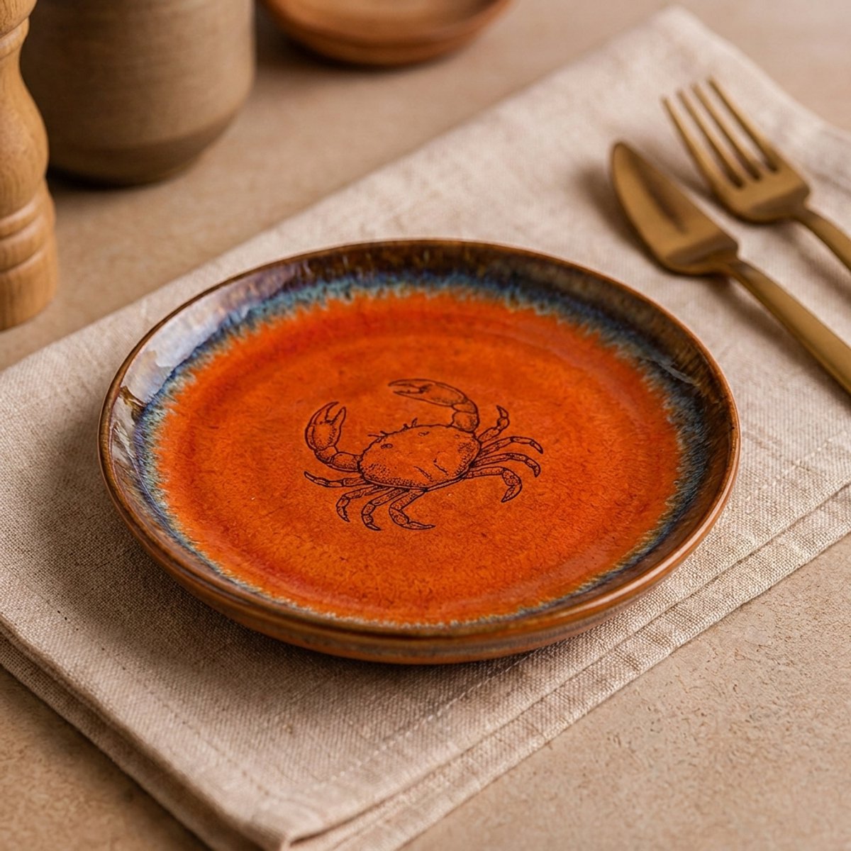 Fameilleur Plat Bord 15cm Burnt Orange met Krabmotief – Rond Porseleinen Dessertbord voor Tapas en Voorgerechten, Vaatwasser- en Magnetronbestendig Servies voor Horeca