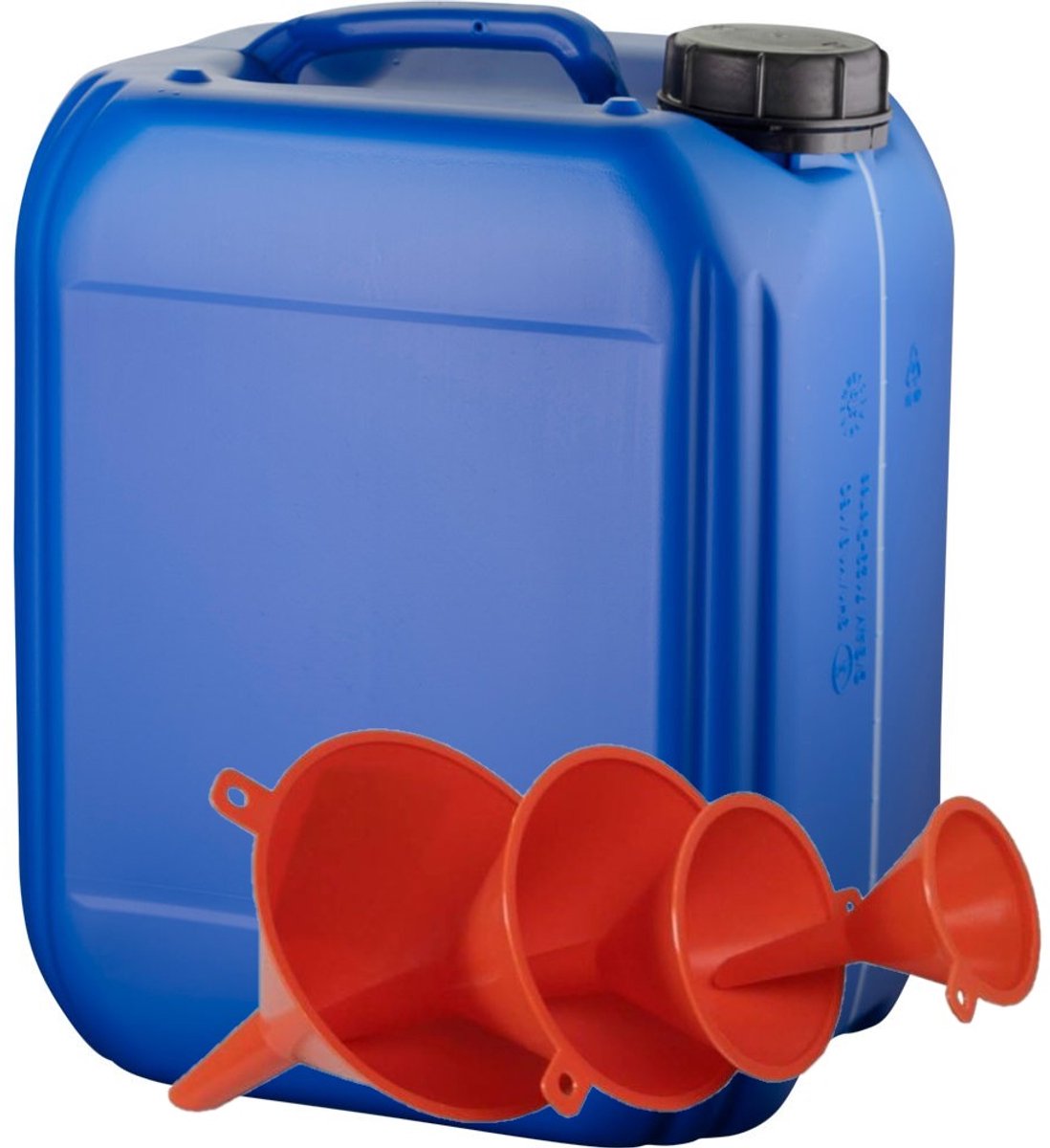 Jerrycan 10 Liter blauw met zichtstreep | met 4-delige trechterset | geschikt voor water | UN gekeurd | benzine | handig stapelbaar | food grade | inclusief dop | totaal te legen | noodpakket