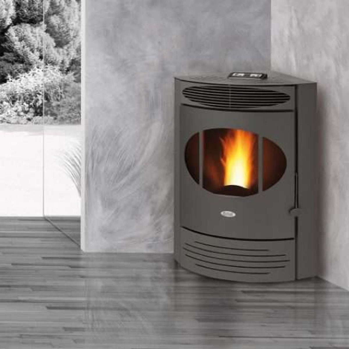 Fair X12 Hoekpelletkachel – 12 kW – Panoramadeur – Links/rechts rookafvoer – Tot 340 m³