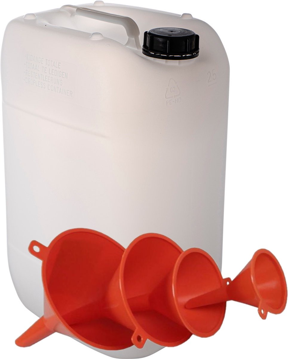 Jerrycan 25 Liter transparant | met 4-delige trechterset | geschikt voor water | UN gekeurd | benzine | handig stapelbaar | food grade | inclusief dop | totaal te legen | noodpakket