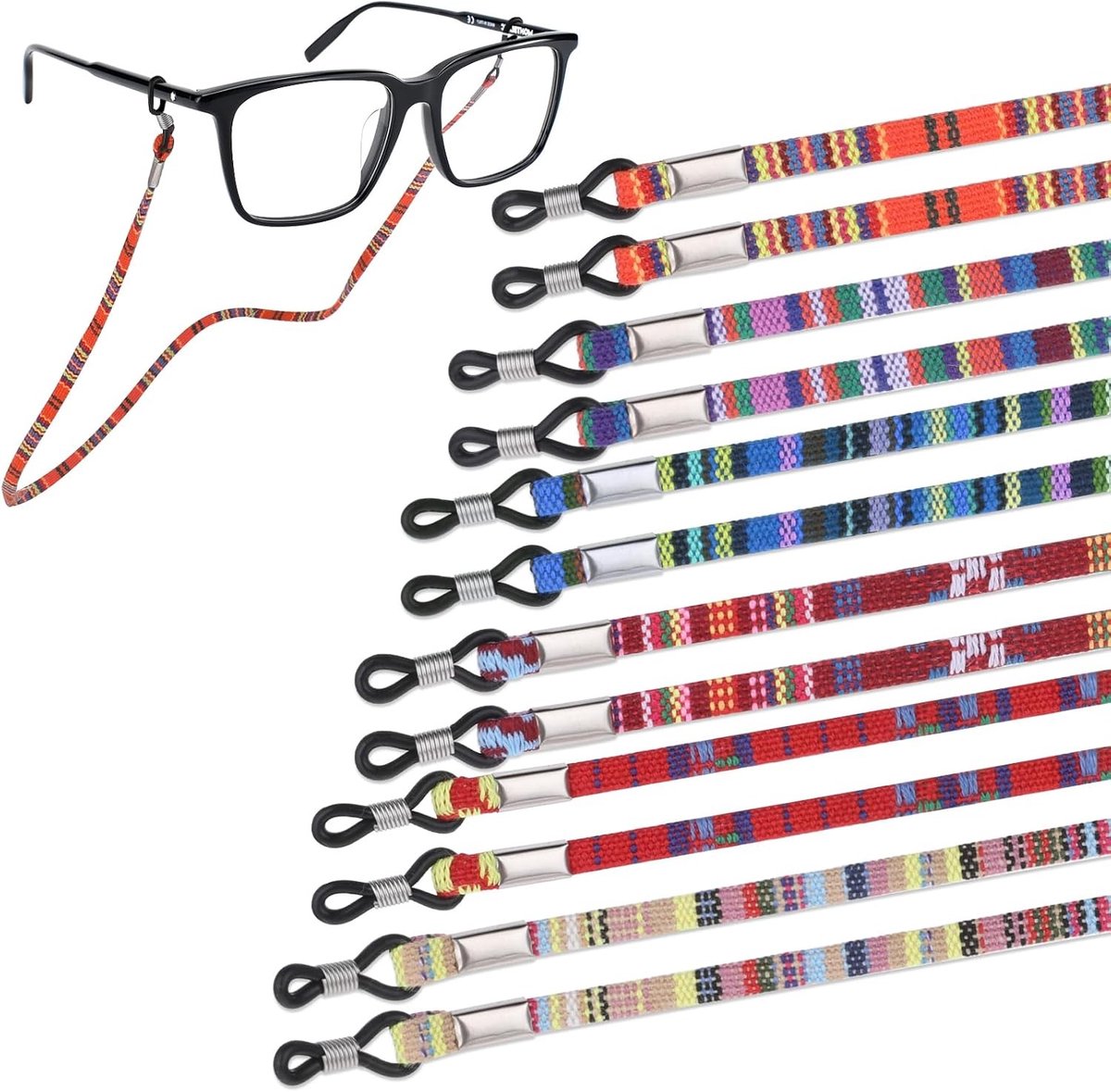Kleurige Brillenkoord Set van 12, Veiligheidsband voor Zonnebrillen en Zichtbrillen, Vintage Boho Stijl voor Mannen en Vrouwen, Multicolor Accessoire voor Elke Gelegenheid