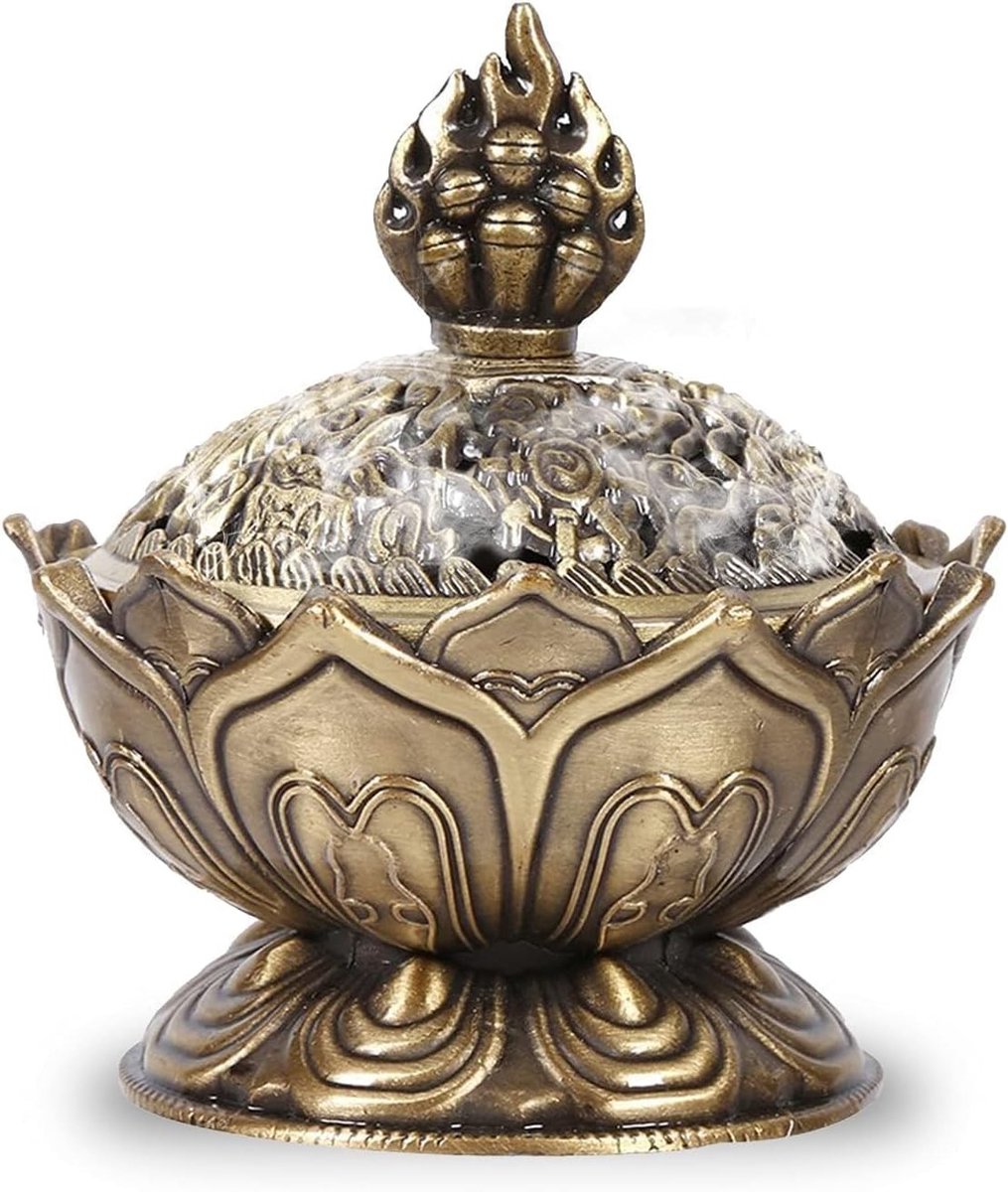 Elegante Vintage Backflow Wierookbrander met Lotus Design, Ideaal voor Poeder Cone en Spiraal Wierook, Bronzen Asvanger voor Rustgevende Aromatherapie