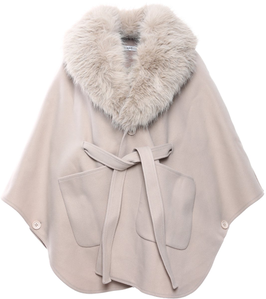 Dames Cape Jas met Afneembare Faux Fur Kraag - Poncho Jas met Ceintuur & Steekzakken - Warme Wintercape & Omslagdoek - Dames Jas - Cadeau voor Vrouw - Beige