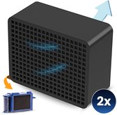 Zwart actief koolstoffilter met luchtstroomvisualisatie. Twee filters getoond.
