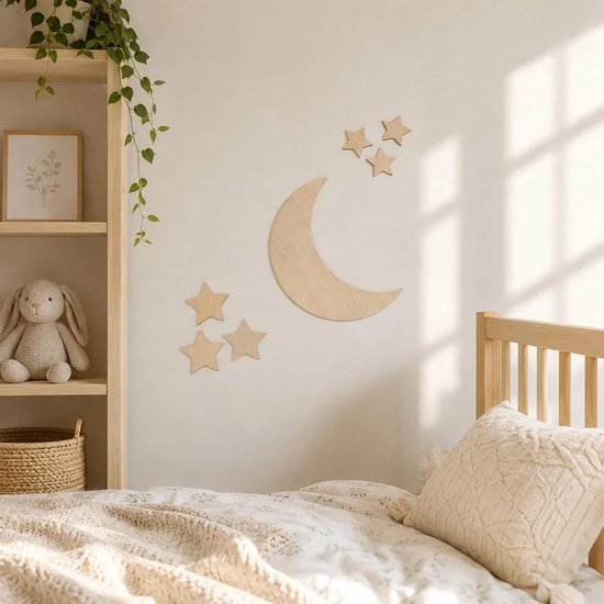 WWC - Muurdecoratie Kinderkamer - Houten Maan & Sterren - Naturel Hout — afbeelding 3
