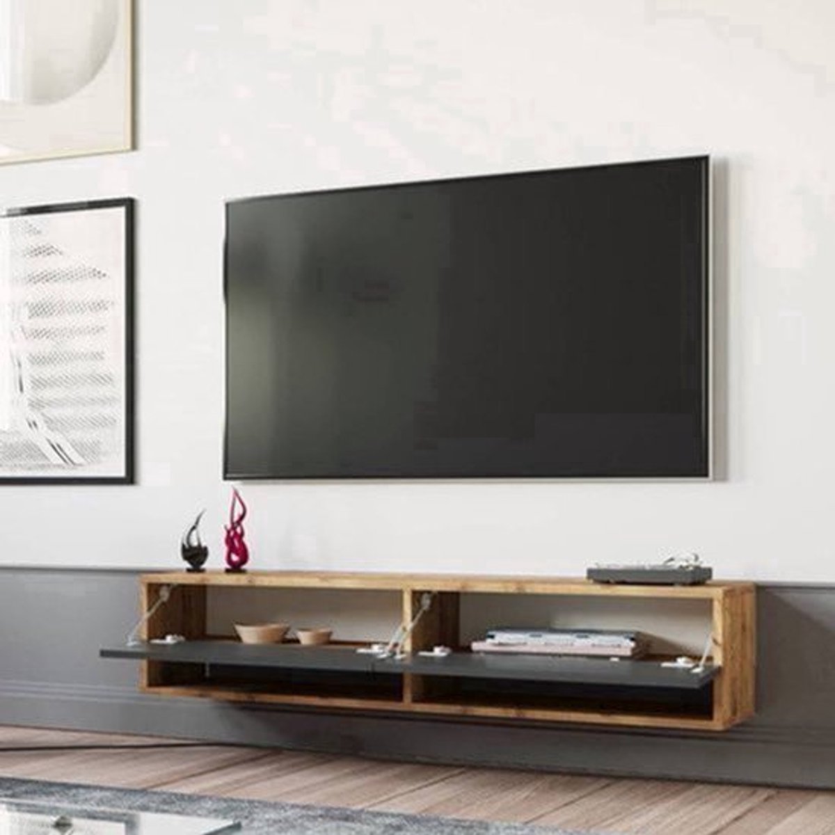 Tv-meubel – Tv-kast – Lowboard – Wandmeubel – Zwevend Tv-meubel – MDF Met Eikenprint – 140x31,5x29,5 cm – 2 Open Vakjes