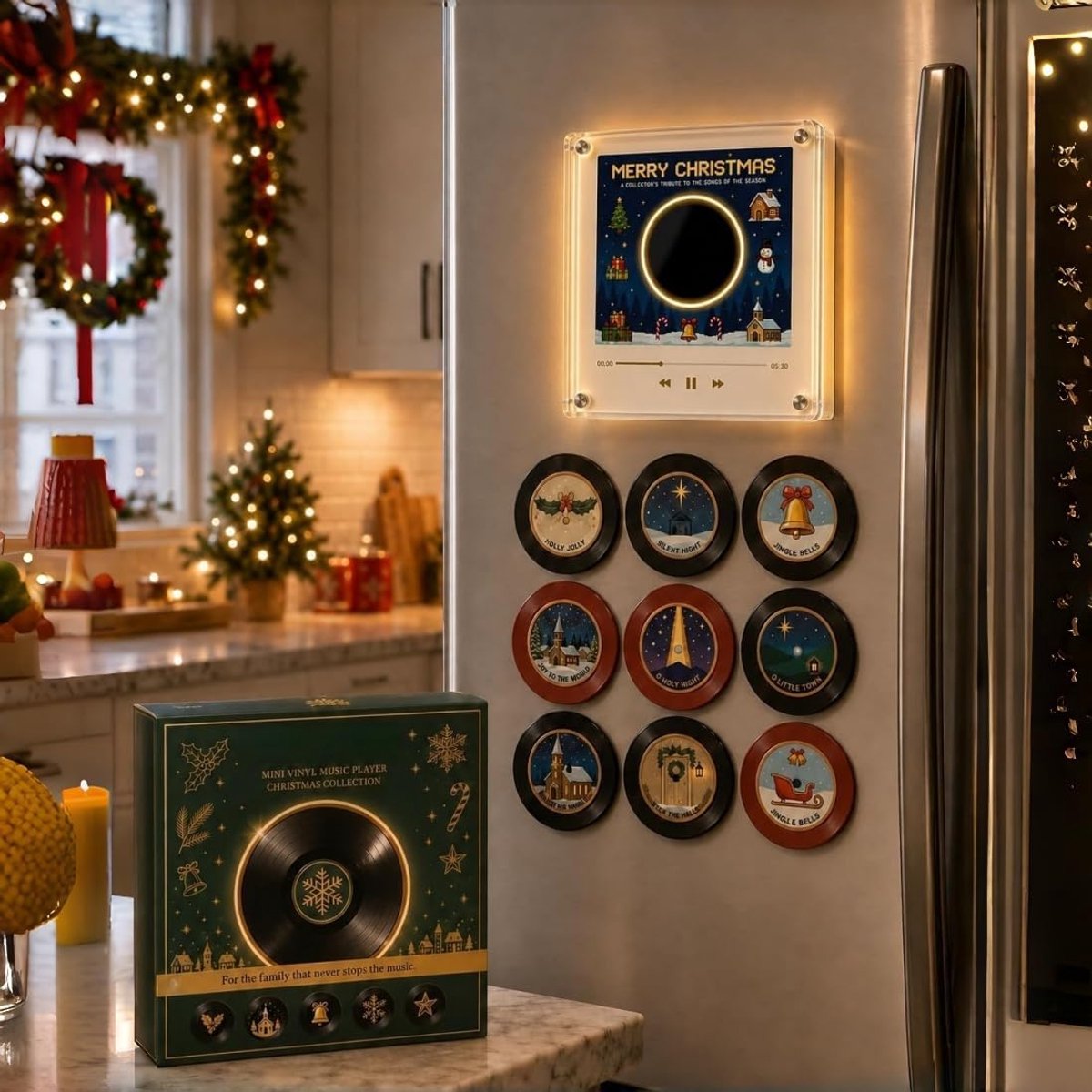 Kerstset met magnetische muziekspeler - Magnetische vinylplatenbox voor op de koelkast - Bevat 9 platen - USB-C-interface - Mini-vinylplatenspeler - Speelt af zonder telefoon, geschikt voor koelkasten, kerstfeestjes of als kerstcadeau.