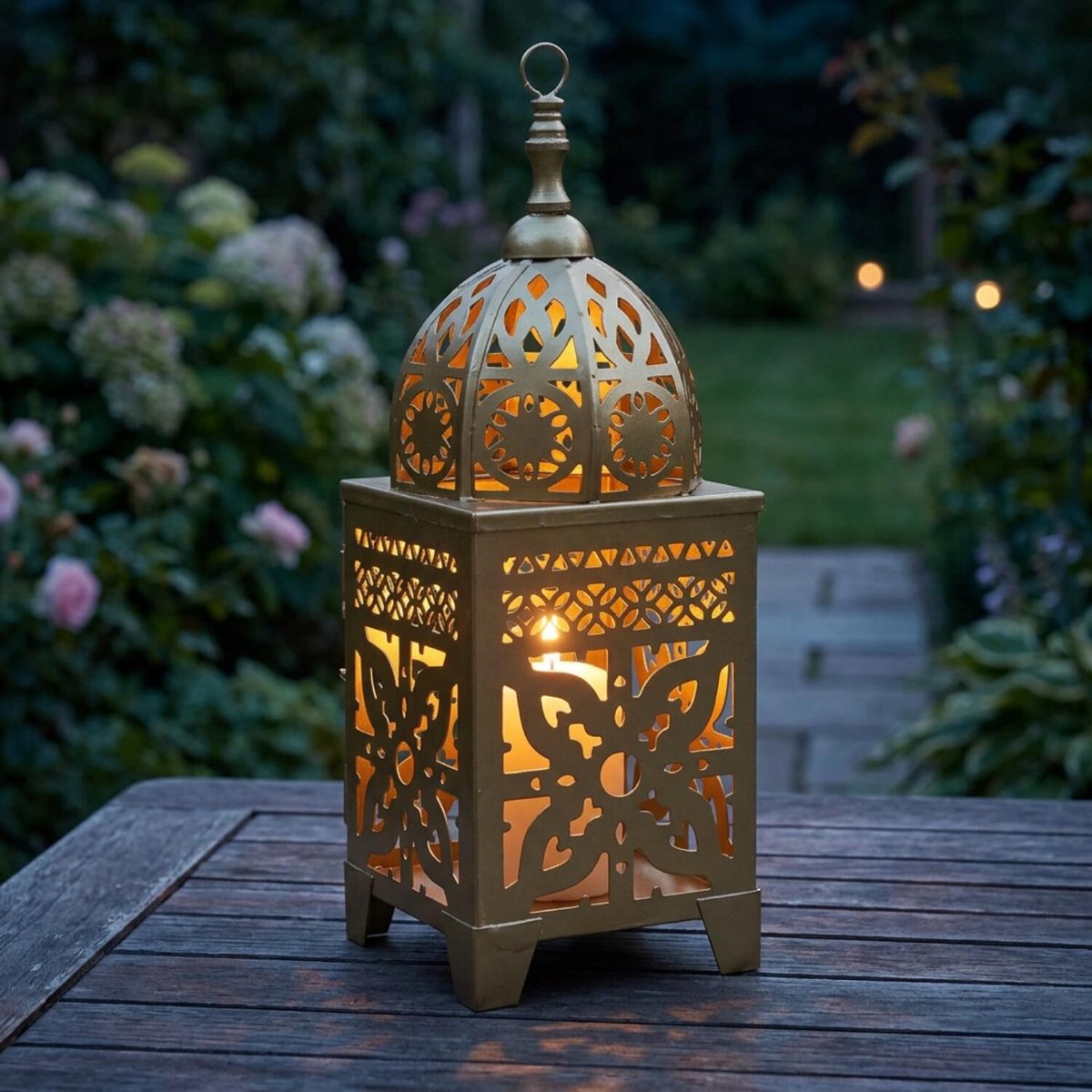 Home & Styling Windlicht Lantaarn - Oosters - Arabische sfeer - goud - 10 x 27 cm - metaal - voor een waxinelichtje Goudkleurig