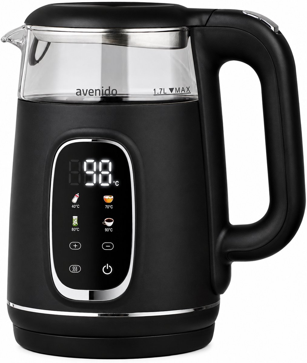 DPLUNIQ Waterkoker - Ketel - Temperatuurregeling - 1,7 L - 2200 W - LED-Display - Draaibare Basis - Warmtebehoudend - Zwart