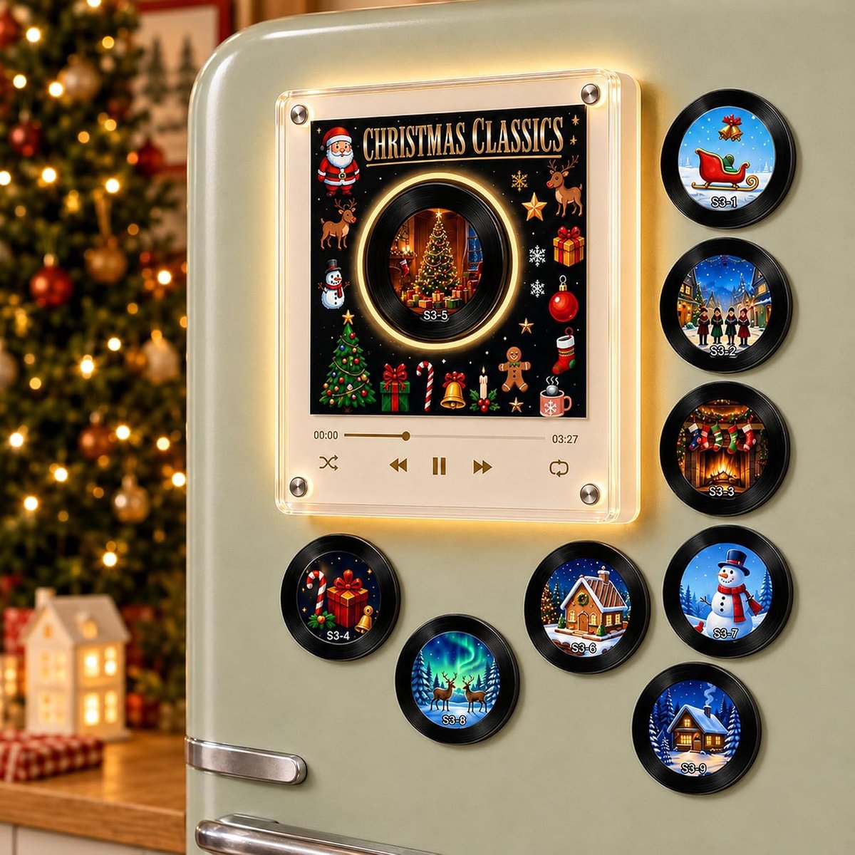 Magnetische Kerst Muziekdoos voor Koelkast - met 9 NFC Mini Vinylplaten - Warm Verlicht Frame - Afspeelmogelijkheid Zonder Telefoon - NFC Magnetische Muziekdoos Set - Sfeervolle Retro - Perfect kerstcadeau - Compact en stijlvol kerstdecoraties