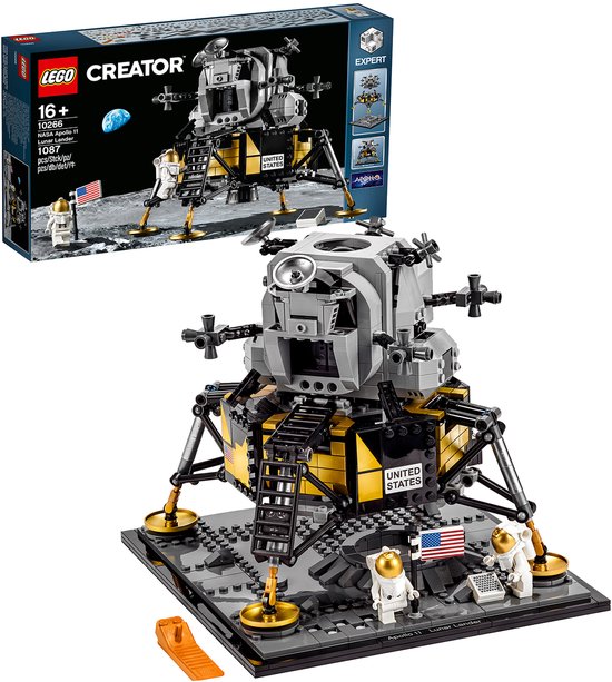 LEGO Creator Expert NASA Apollo 11 Maanlander set met doos, grijze en gouden maanlander met astronauten.