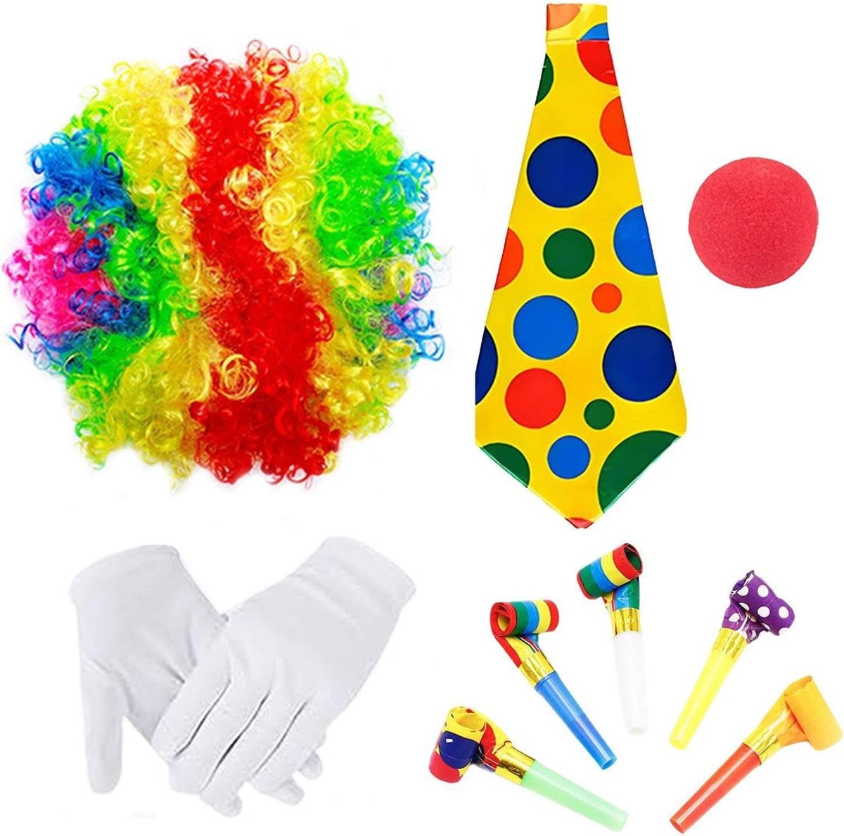 Clown Kostuum Accessoires Set van 4 Stukken met 5 Grappige Pijpen voor Feestjes en Foto Props, Ideaal voor Verkleedpartijen en Carnaval