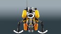 Gele LEGO Technic onderzeeër met oranje en grijze details, transparante cockpit en antennes.