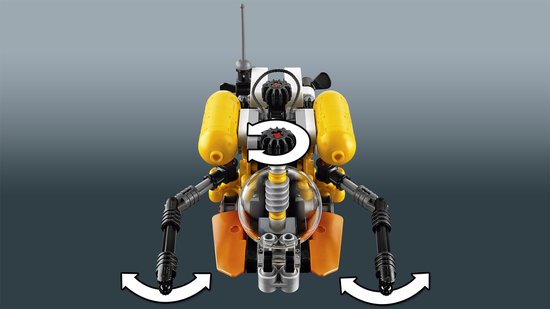 Gele LEGO Technic onderzeeër met oranje en grijze details, transparante cockpit en antennes.