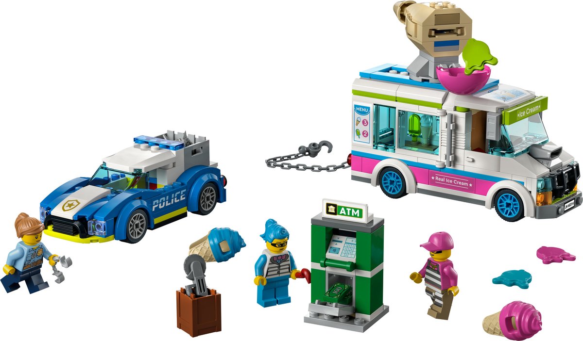 LEGO® City IJswagen politieachtervolging 60314 bouwset voor kinderen vanaf 5 jaar; met een ijswagen met kledderschieter, een onderscheppingsvoertuig van de politie, een geldautomaat en 2 personages uit de LEGO City tv-serie (317 onderdelen) — afbeelding 6