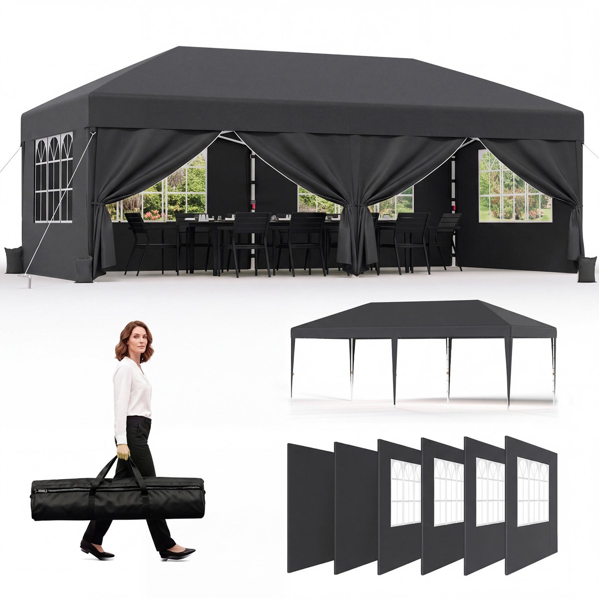 Partytent-Opvouwbaar Tuinpaviljoen 3x6 m met Zijwanden–30 seconden pop-up opzet-Waterdicht & UV-bestendig–opbergtas–Grijs