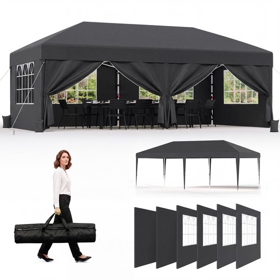 Zwarte partytent met zes zitplaatsen aan tafel, met vrouw die draagtas draagt en opvouwbare zijwanden.