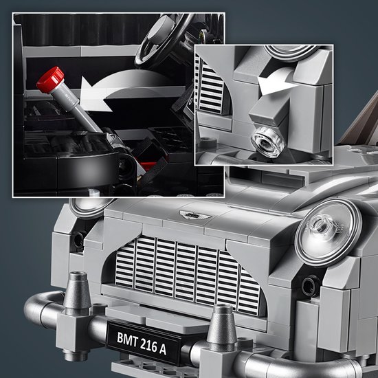 Close-up LEGO Aston Martin DB5 met actieve gadgets, inclusief stuur en koplampen.