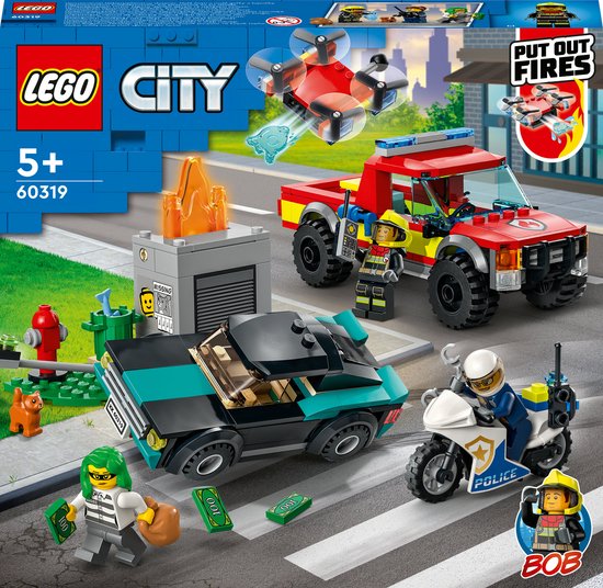 LEGO® City Brandweer & Politie achtervolging 60319 bouwset voor kinderen vanaf 5 jaar; een brandweerpick-up met een drone, politiemotor, boevenvoertuig, verkeerslicht en vlammen, plus 3 minifiguren (295 onderdelen)