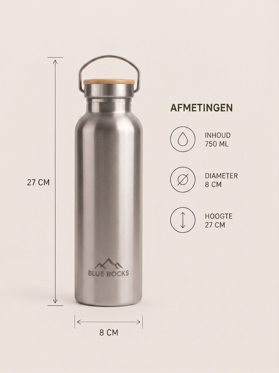 Blue Rocks® - Summit RVS - Thermosfles 750ml - Waterfles - Dubbelwandige drinkfles - Plasticvrij - Loodvrij - Geisoleerde fles - School - Kind - Warme Koude dranken - Reizen, Wandelen, Werk, Sport, Yoga - Dagelijks gebruik - Zilver - RVS — cadeau in Sport & Outdoor - foto 2
