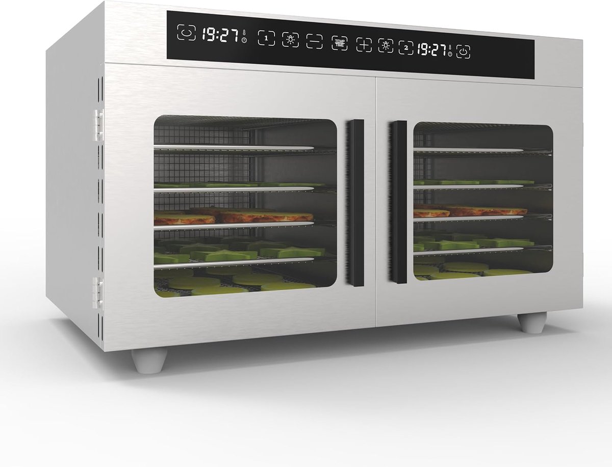 RVS Voedseldroger met Dubbele Deur & Dual Zone - 12 Lagen / Trays - 1040W (2x 520W) - Onafhankelijk Instelbare Droogoven & Fruitdroger van Roestvrij Staal - voor Beef Jerky, Fruit, Kruiden & Hondensnacks