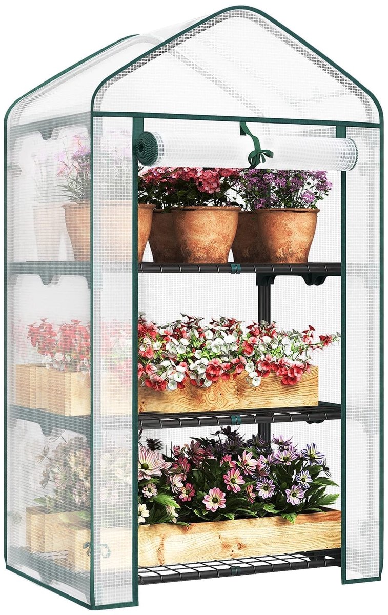 Klarven® Plantenkas Wit - Plantenkastje Buiten - Plantenkast Buiten - UV-bestendig en Waterdicht - Rolluik met Rits, 3 Schappen - B69xd49xh125cm