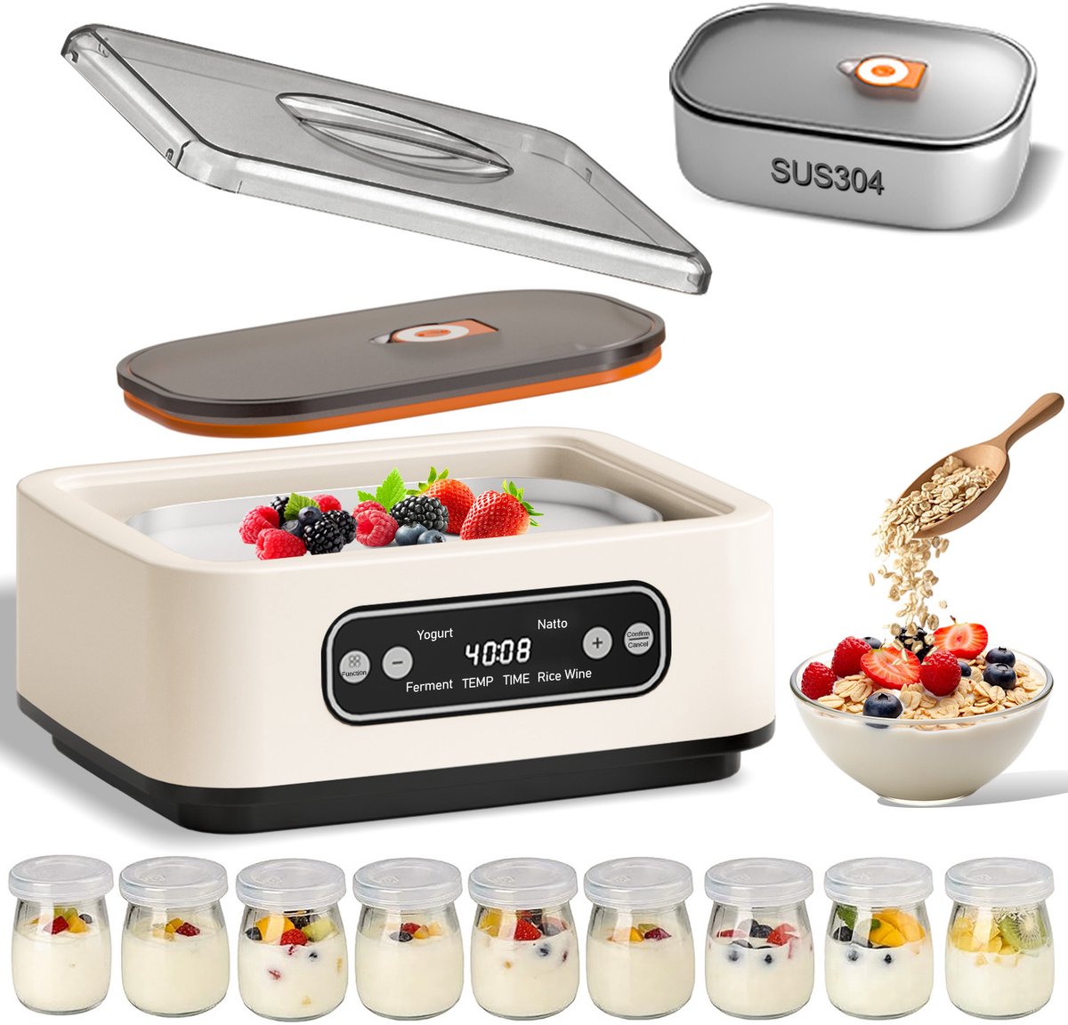 FOSMET Yoghurtmaker - Automatische Yoghurtmachine - Yoghurtautomaat 1.36 liter met 9 potten - Met Timer en Instelbare Temperatuur - OLED Display - Voor zelfgemaakte yoghurt, natto,rijstwijn of andere gefermenteerde producten - Wit