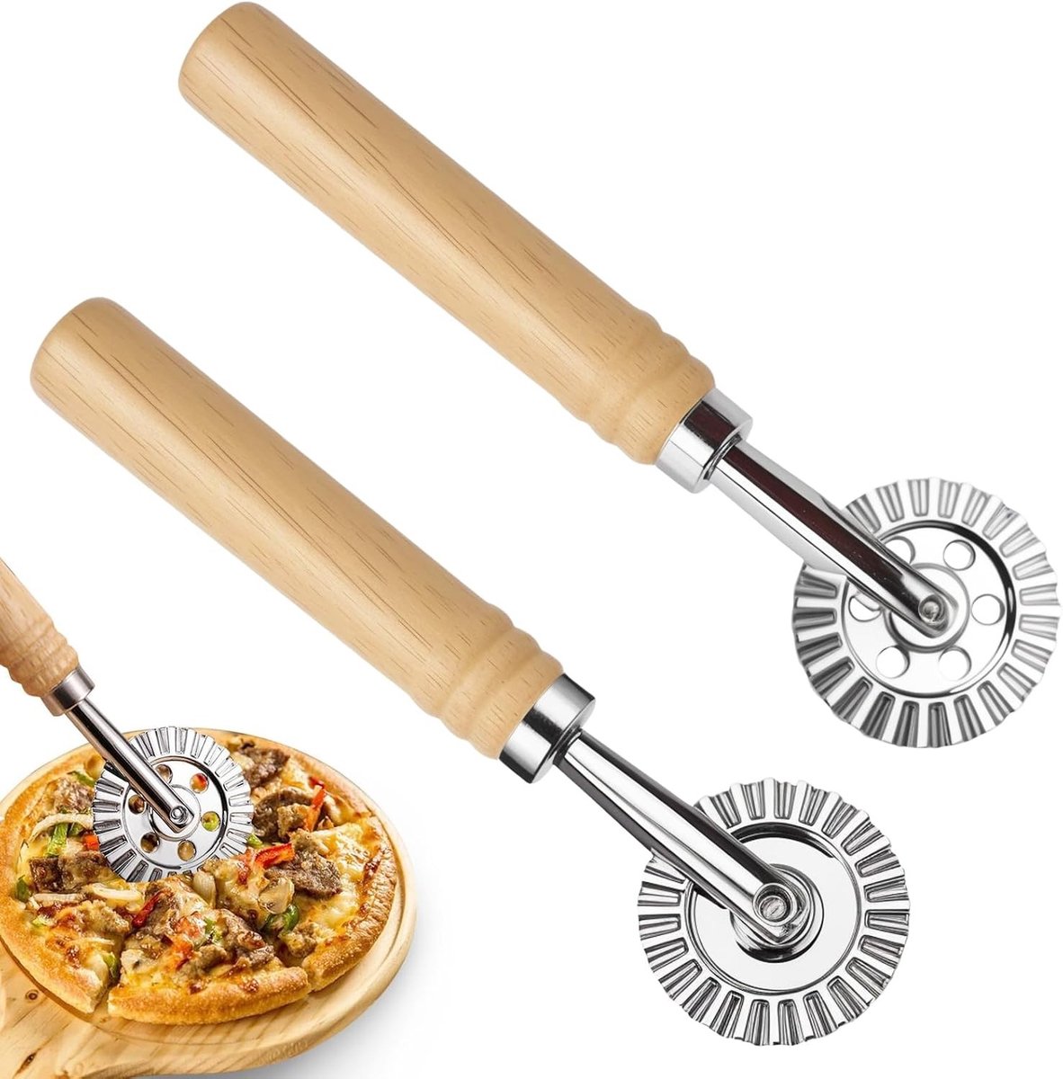 Set van 2 deegrollers met houten handvat - 16 cm & 14 cm golfwiel voor ravioli en pasta - professionele deegsnijder met snijwielen voor pizza, deeg en pasta maken