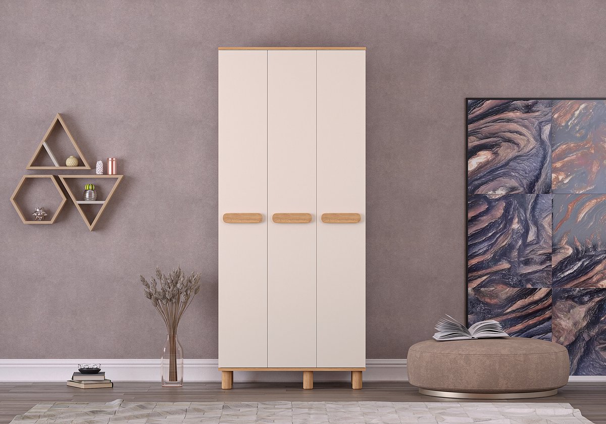 MILA MEGA KLEDINGKAST MET 3 DEUREN – CRÈME EIKEN – Garderobekast – Kledingkast – Opbergkast – Slaapkamerkast – Kledingopberger – Kast met Deuren – Ruime Opbergruimte – Moderne Kast – Grote Kledingkast – Opbergmeubel – Kast voor Slaapkamer – XL