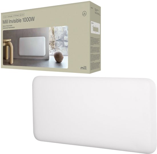 Verpakking en witte Mill paneelverwarming met afgeronde hoeken. De doos toont een afbeelding van de verwarming in een woonkamer.