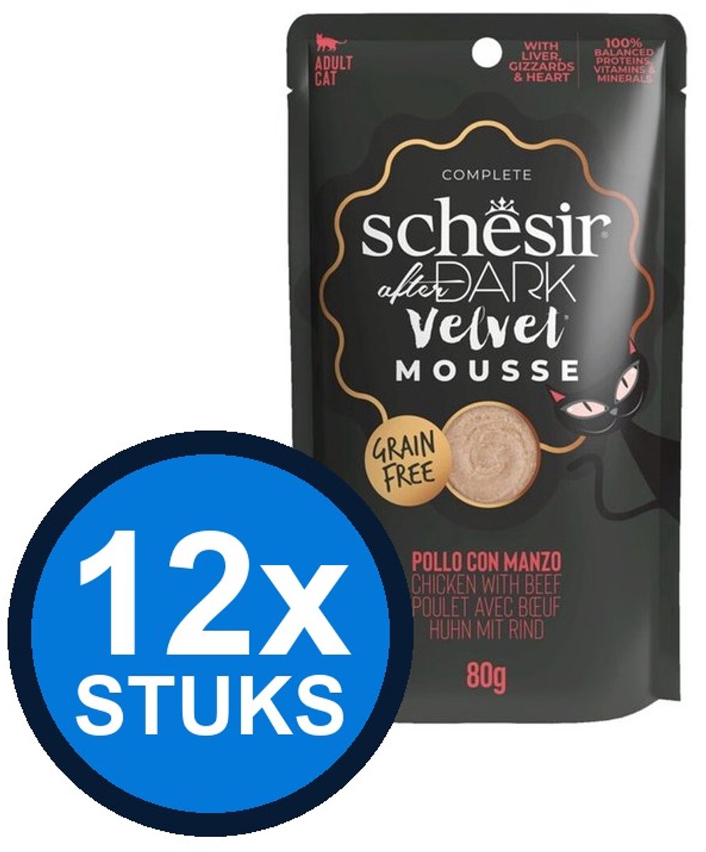 12x Schesir - After Dark Velvet - Kattenvoer - Mousse in zakje - Kip & Rund - 80g