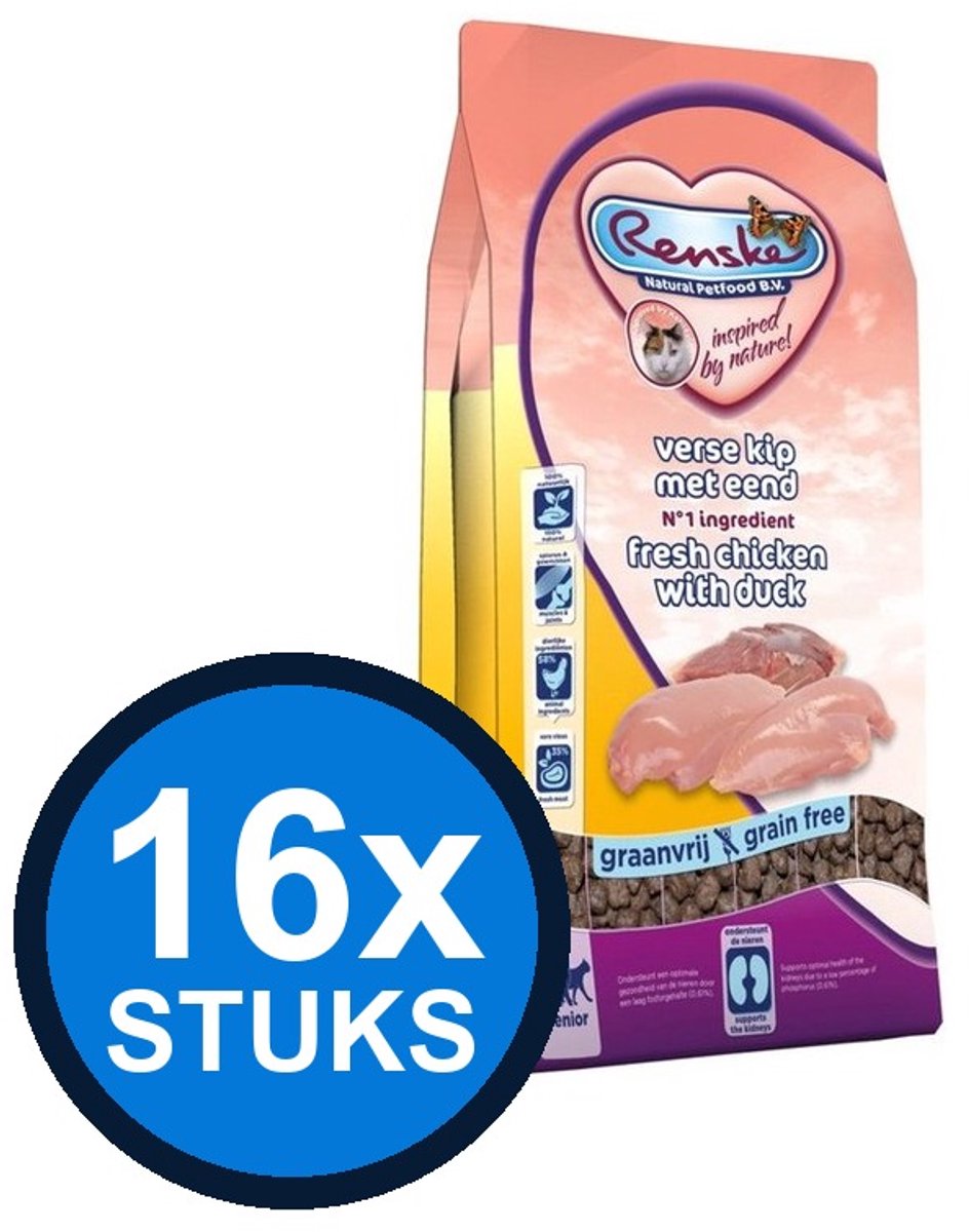 16x Renske - Super Premium droog kat senior kip&eend 400gr - Kattenvoer - 400 g