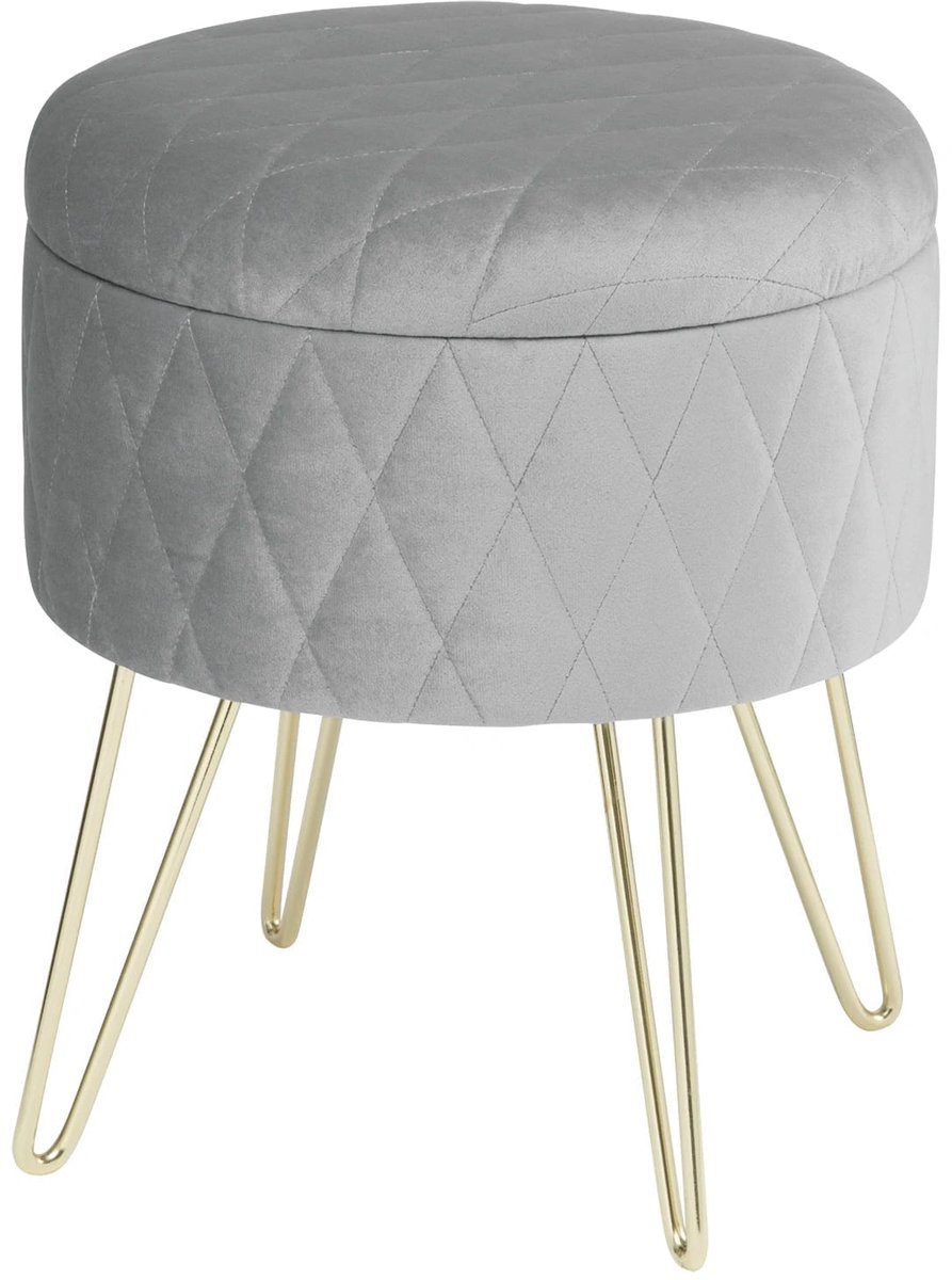 Klarven® Opbergkruk Grijs Fluweel - Met Opbergruimte tot 7 Liter, Draagvermogen 150 kg - Comfortabel Zitten en Slim Opbergen - B 31,5 x D 31,5 x H 36 cm