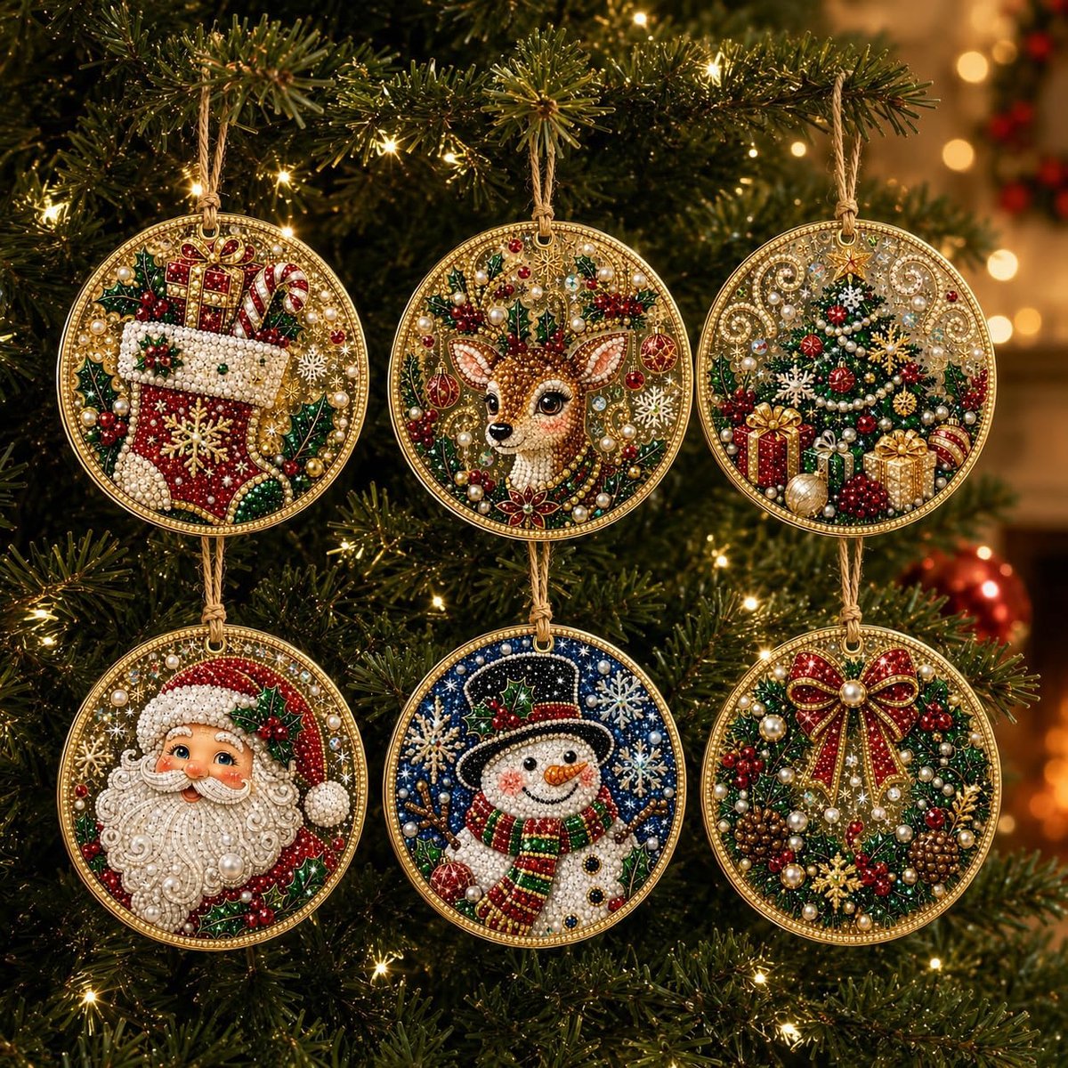 Diamond Painting Kersthangers Set van 6 - DIY Kerstboom Hangers met Touw - Kerst Decoratie - Creatieve Knutselset voor Volwassenen & Kinderen - SOLLBRY®