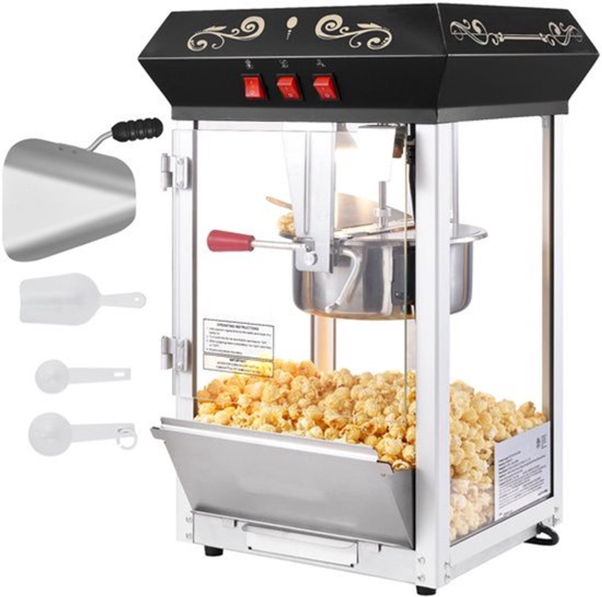 Popcornmachine Zwart - 850 W Vermogen - 8 Oz Inhoud - RVS En Gehard Glas - Voor Thuisbioscoop En Feest