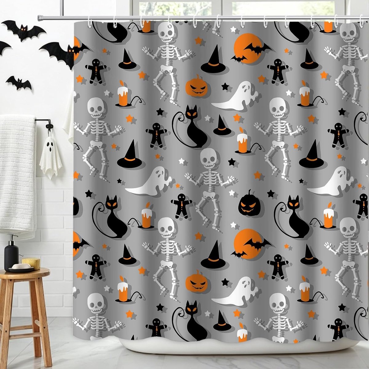 Halloween Douchegordijn met Skelet, Boze Pompoen, Vleermuis en Zwarte Kat - Waterdicht Polyester, Wasbaar, 180x180cm, Perfect voor Halloween Decoratie met 12 Haakjes