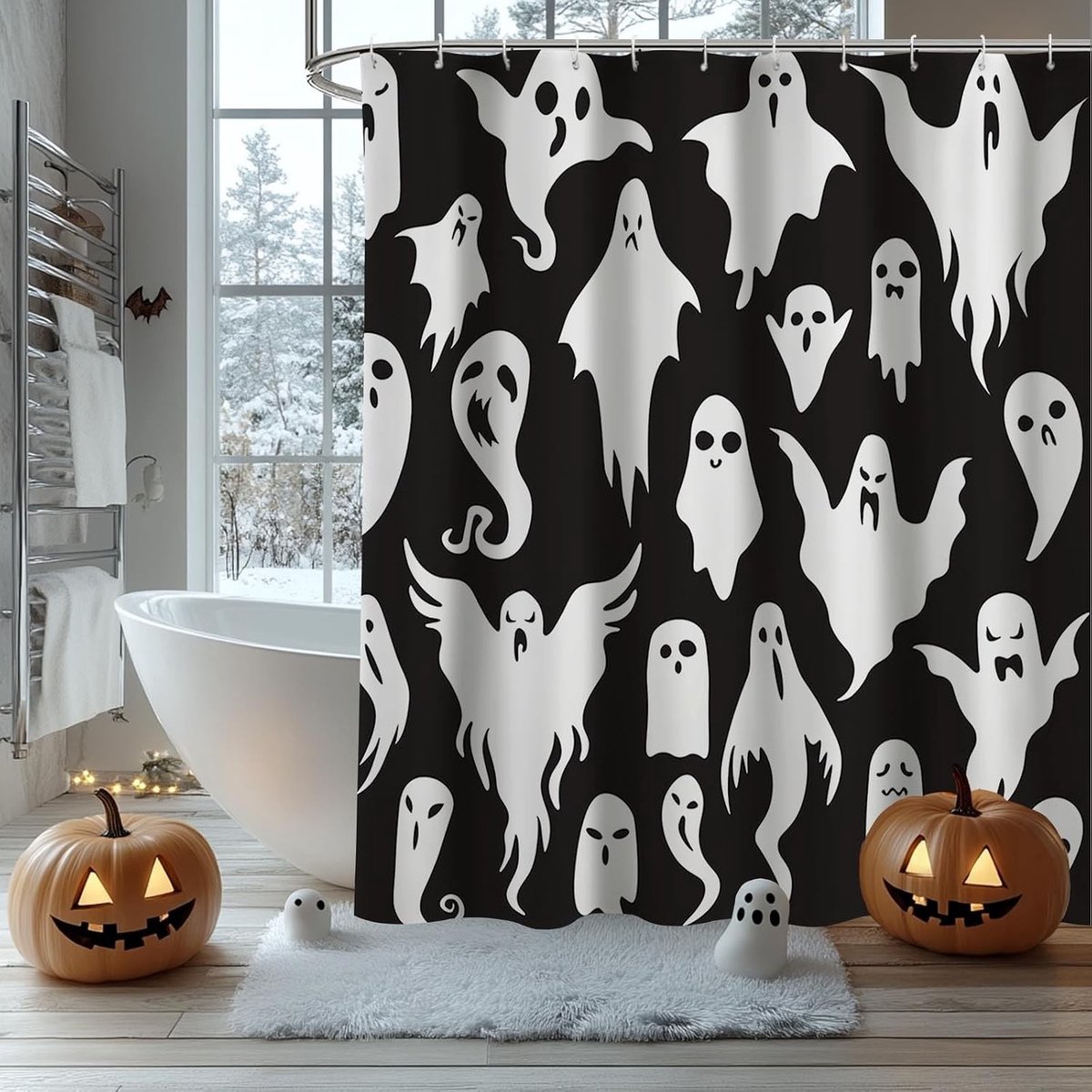Halloween Douchegordijn 183x183cm met Grappige Geesten in Zwart-Wit - Waterdicht en Duurzaam Polyester voor Badkamerdecoratie, Leuke en Creatieve Accessoires