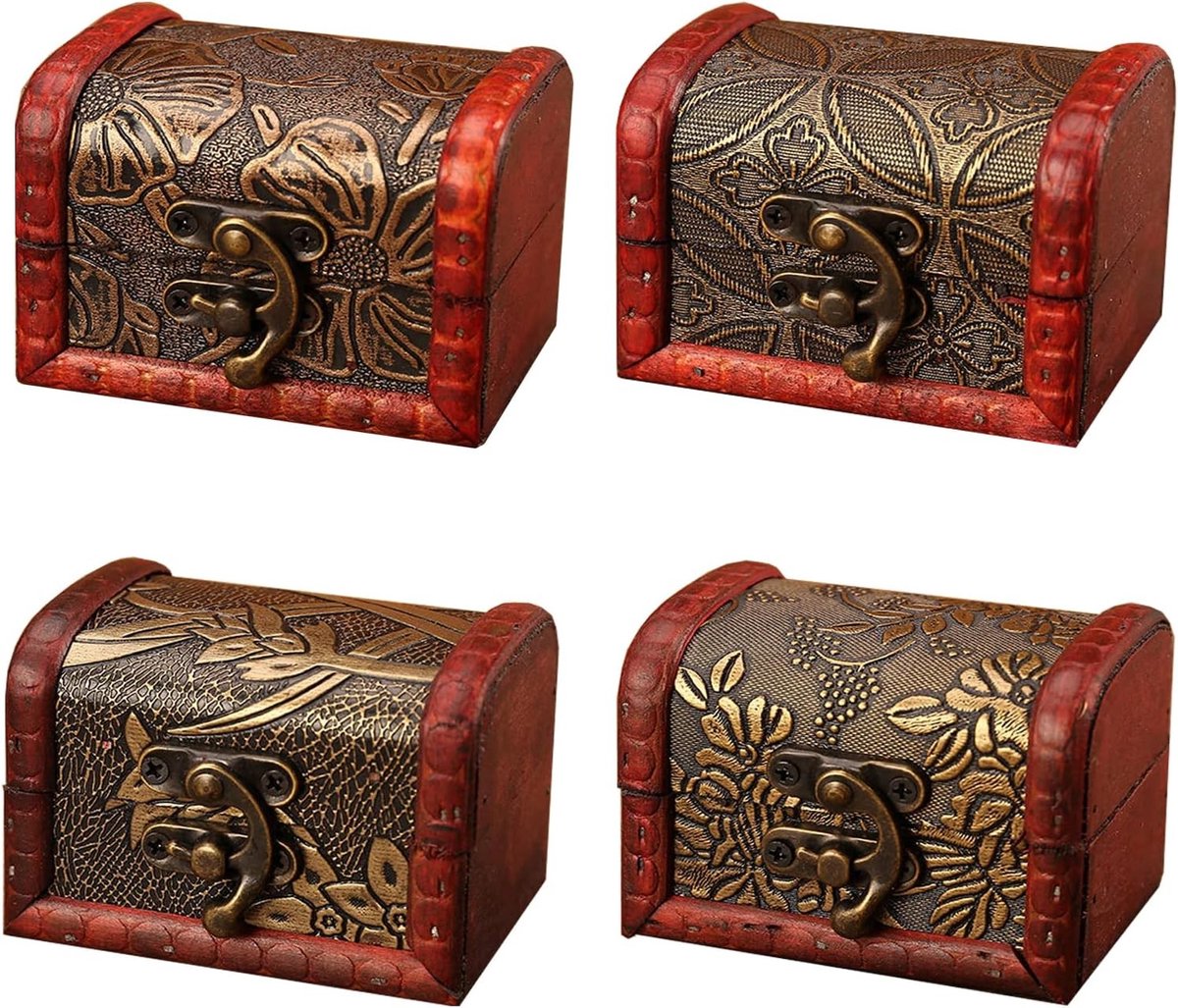 Houten Schatkist Set van 4, Vintage Mini Piratenkist voor Sieradenopslag, Decoratie en Cadeaus voor Thuis en Kantoor
