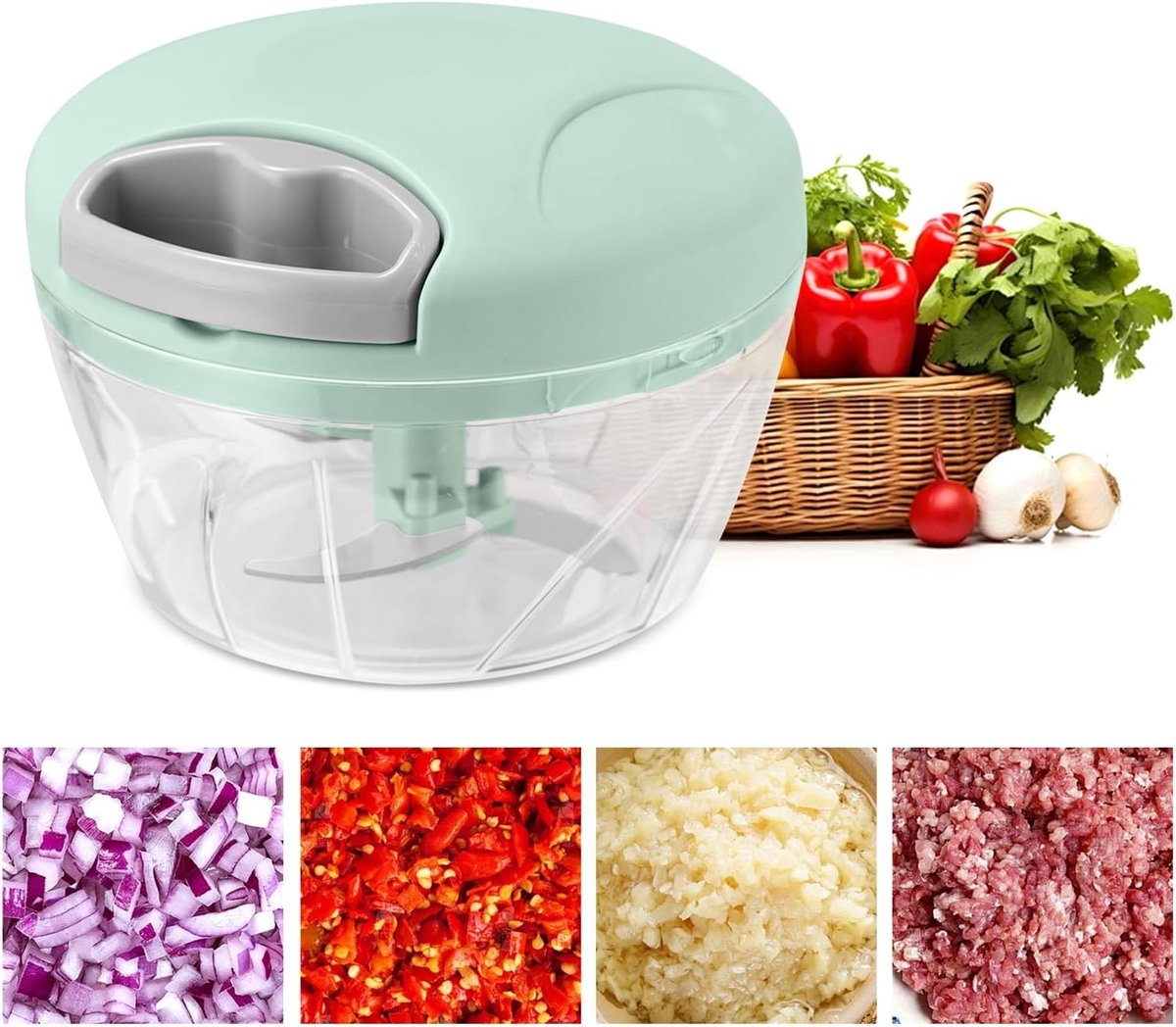 Handmatige Uien Snijder met 500ml Capaciteit, Multi Chopper met 3 RVS Messen voor Groenten, Ideaal voor Uien en Knoflook in de Keuken