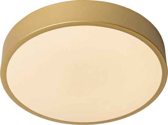 Ronde plafondlamp met een mat gouden rand en een wit, diffuus binnenpaneel.