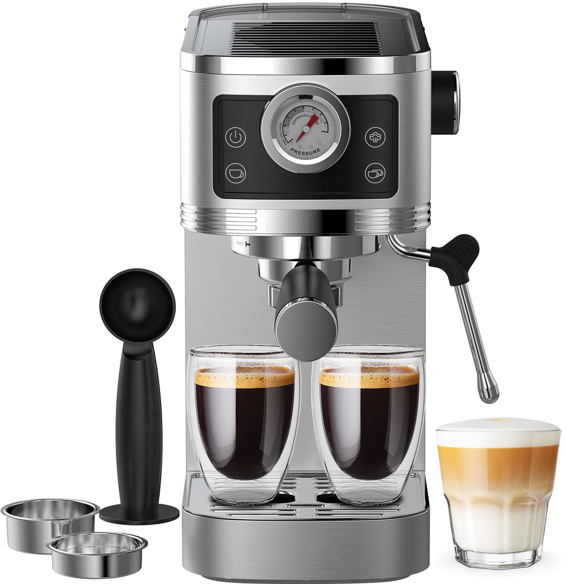 20 Bar Espressomachine met Ingebouwde Drukmeter - Compacte Professionele Koffiemachine (20 cm Breed) met Afneembaar Waterreservoir van 1.3L en Instelbaar Volume voor 1-2 Kopjes - Zilver