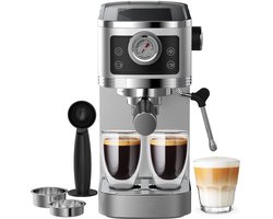 20 Bar Espressomachine met Ingebouwde Drukmeter - Compacte Professionele Koffiemachine (20 cm Breed) met Afneembaar Waterreservoir van 1.3L en Instelbaar Volume voor 1-2 Kopjes - Zilver