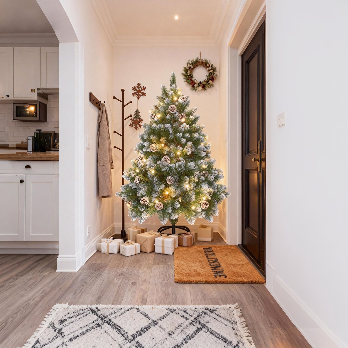 Kunstkerstboom 120 cm met LED Verlichting - Brandvertragend PVC - met Sneeuw en Dennenappels - Metalen Voet - Kerstdecoratie voor Huis en Etalage - NAIZY – foto 7