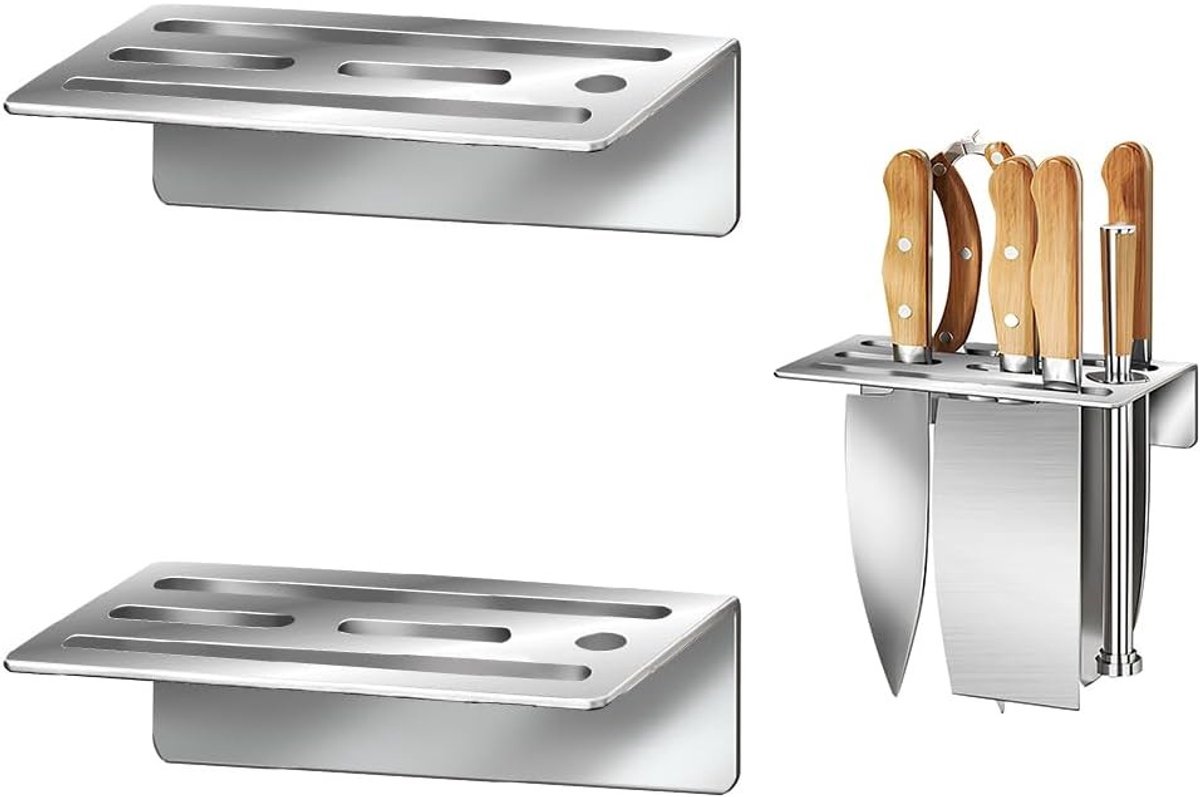 Set van 2 wandmontage messen van roestvrij staal, zonder boren, robuust en veilig voor keuken en barbecue