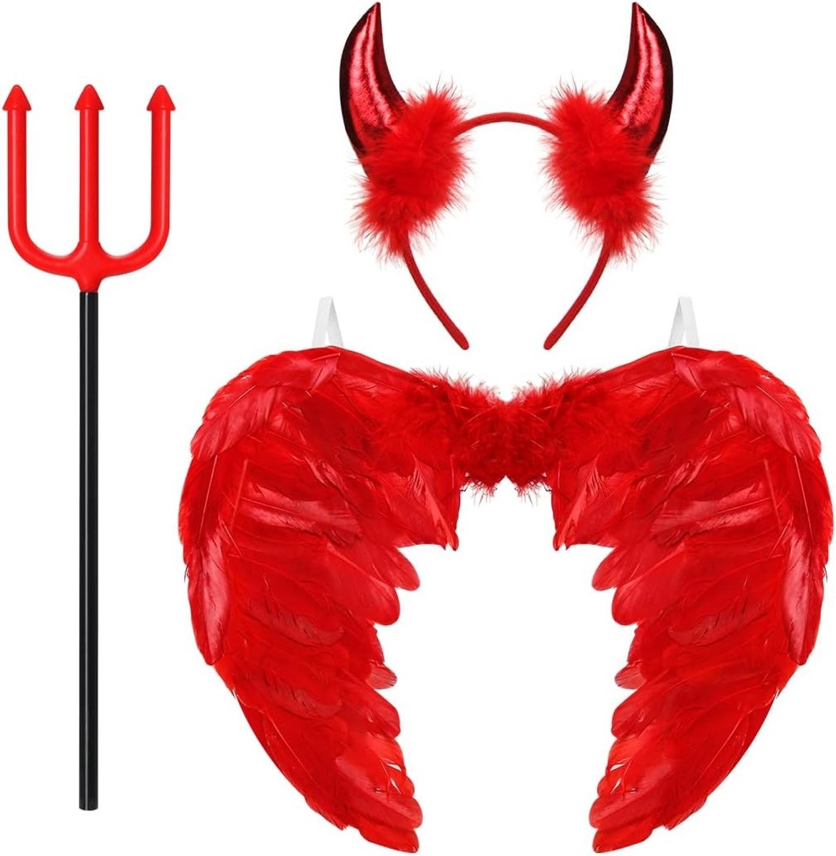 Rode Duivels Hoorns en Trident Kostuum met Engelenvleugels voor Kinderen en Volwassenen - Perfect voor Halloween, Carnaval en Cosplay Feesten